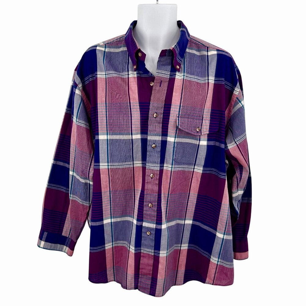 VINTAGE GANT MEN'S PURPLE FOXHUNT PLAID BUTTON-DOWN LONG SLEEVE SHIRT - 2XBIG